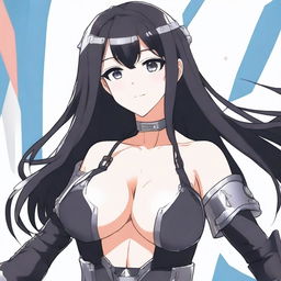 A pale anime girl with long black hair, wearing a black armor crop top that shows her cleavage from her large breasts