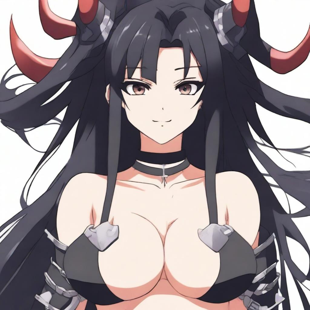 A pale anime girl with long black hair and devil horns