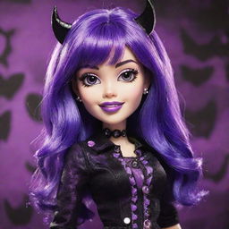 A selfie-style icon of Elissabat from Monster High. She is posing with her violet hair, bat-inspired outfit and fangs in a stylish and fun atmosphere.