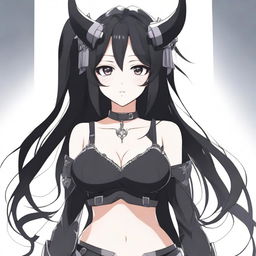 A pale anime girl with long black hair and devil horns