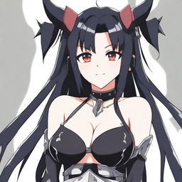 A pale anime girl with long black hair and devil horns