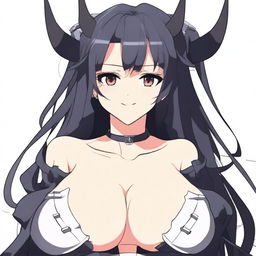 A pale anime girl with long black hair and devil horns