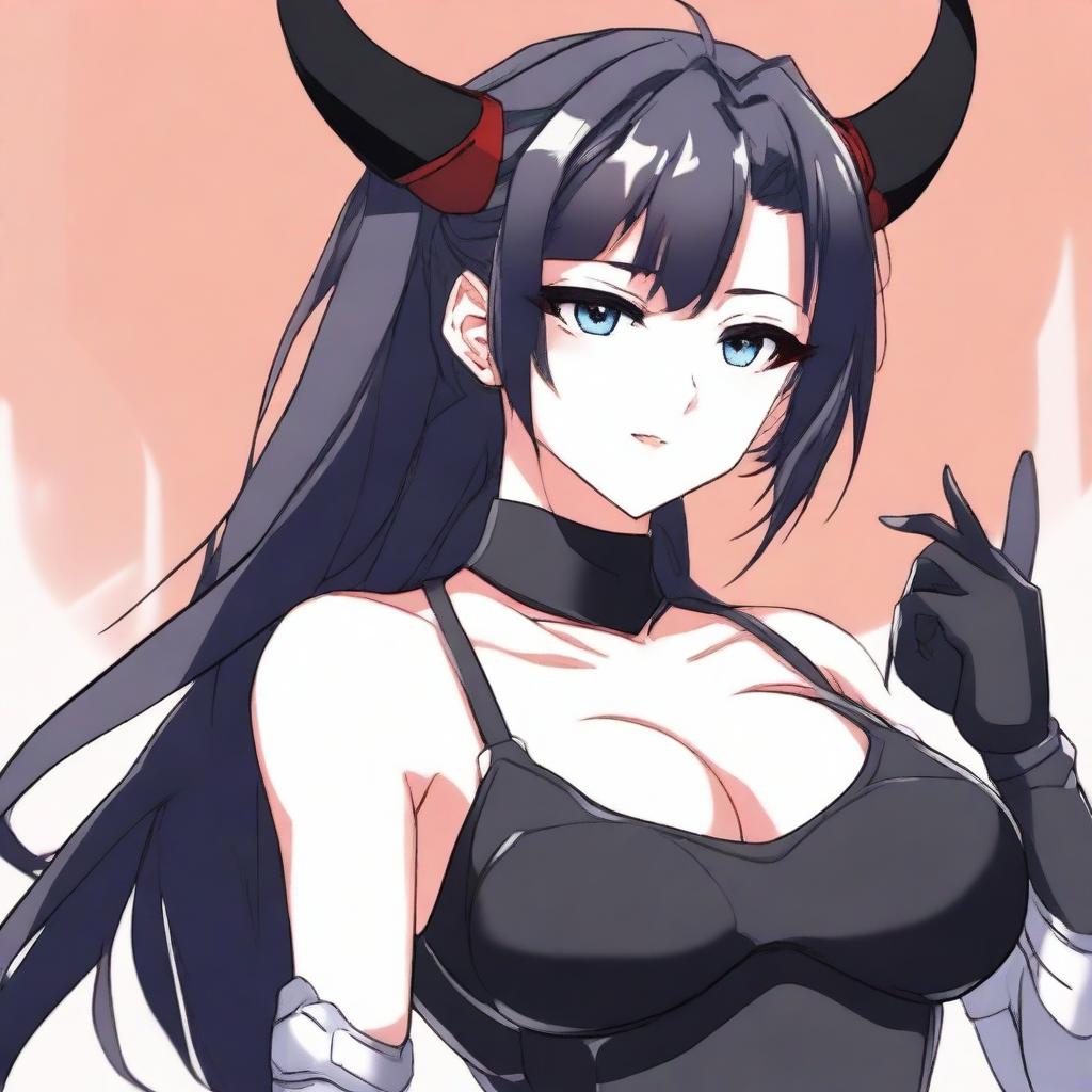 An anime girl with pale skin and black hair, featuring devil horns, posing for a selfie