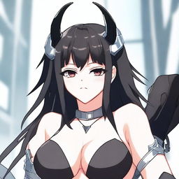 An anime girl with pale skin and black hair, featuring devil horns, posing for a selfie