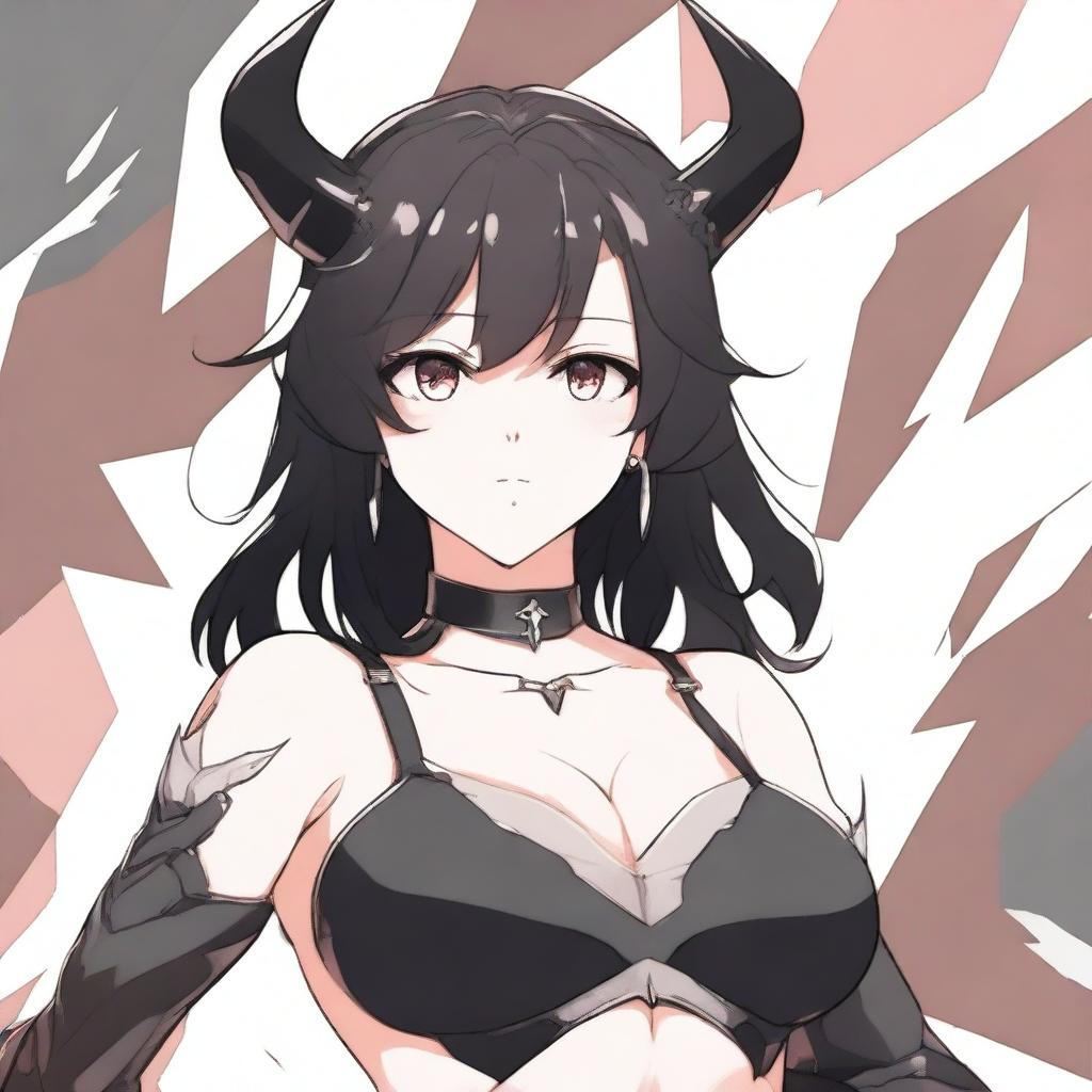 An anime girl with pale skin and black hair, featuring devil horns, posing for a selfie