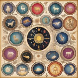 A detailed illustration depicting the twelve zodiac signs, each represented by their respective symbols and celestial imagery