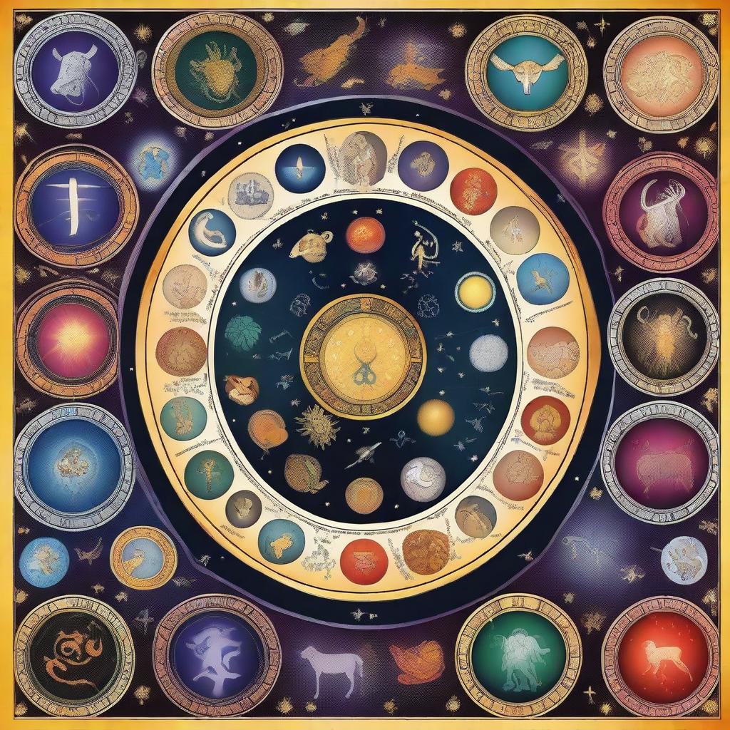 A detailed illustration depicting the twelve zodiac signs, each represented by their respective symbols and celestial imagery