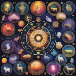 A detailed illustration depicting the twelve zodiac signs, each represented by their respective symbols and celestial imagery