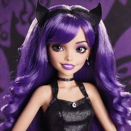 A selfie-style icon of Elissabat from Monster High. She is posing with her violet hair, bat-inspired outfit and fangs in a stylish and fun atmosphere.