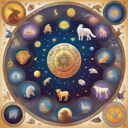 A detailed illustration depicting the twelve zodiac signs, each represented by their respective symbols and celestial imagery