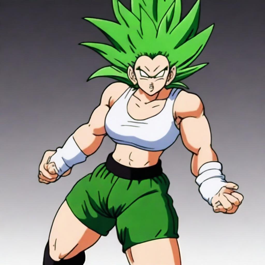 Kefla from Dragonball, muscular and flexing, wearing a white tank top and very tight black shorts