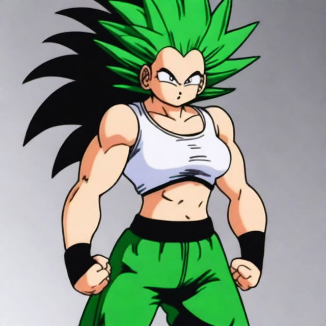 Kefla from Dragonball, muscular and flexing, wearing a white tank top and very tight black shorts