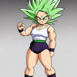 Kefla from Dragonball, muscular and flexing, wearing a white tank top and very tight black shorts