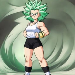 Kefla from Dragon Ball wearing a white tank top and very tight black shorts