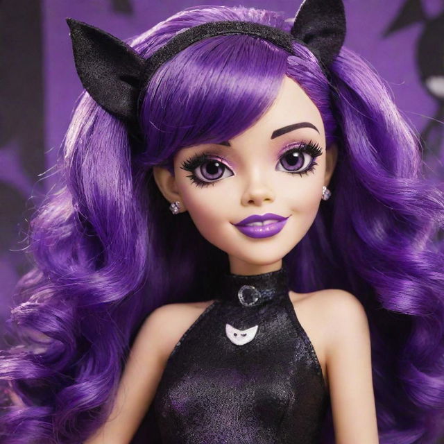 A selfie-style icon of Elissabat from Monster High. She is posing with her violet hair, bat-inspired outfit and fangs in a stylish and fun atmosphere.