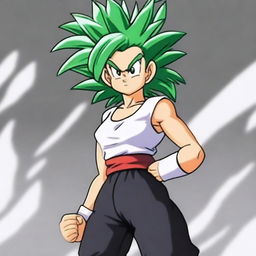 Kefla from Dragon Ball wearing a white tank top and very tight black shorts