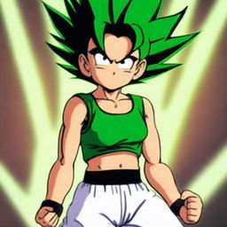 Kefla from Dragon Ball wearing a white tank top and very tight black shorts