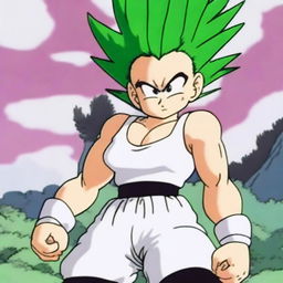 Kefla from Dragon Ball wearing a white tank top and very tight black shorts