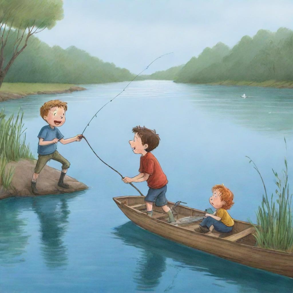 A simple, cartoon scene for a children's book illustrating the moment of thrill for Finn and Fiona as their fishing rod wiggles, indicating the catch they've been patiently waiting for.