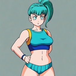 A realistic depiction of Bulma from Dragon Ball, portrayed with a slightly muscular physique