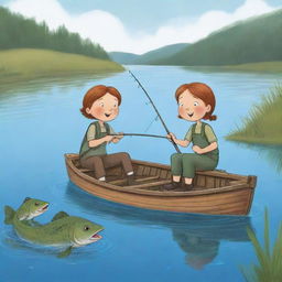 A simple, cartoon scene for a children's book illustrating the moment of thrill for Finn and Fiona as their fishing rod wiggles, indicating the catch they've been patiently waiting for.