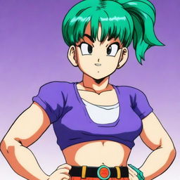 A realistic depiction of Bulma from Dragon Ball, portrayed with a slightly muscular physique