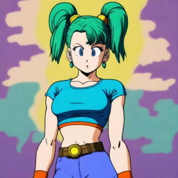 A realistic depiction of Bulma from Dragon Ball, portrayed with a slightly muscular physique