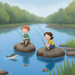 A simple, cartoon scene for a children's book illustrating the moment of thrill for Finn and Fiona as their fishing rod wiggles, indicating the catch they've been patiently waiting for.