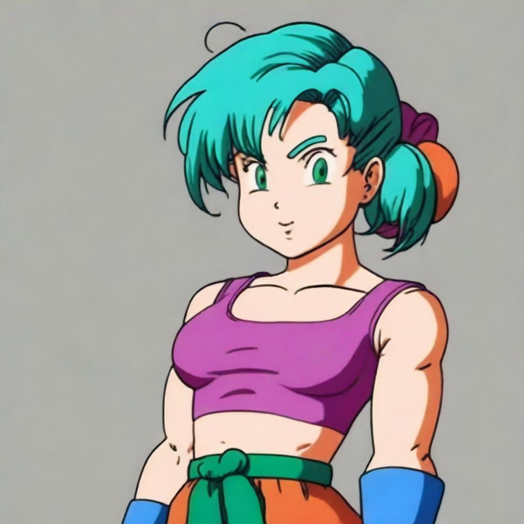 A realistic depiction of Bulma from Dragon Ball with a slightly muscular physique