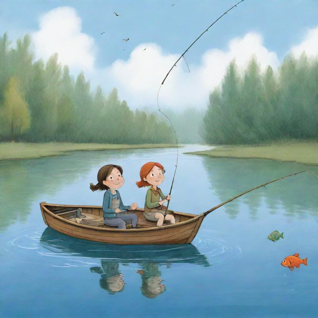 A simple, cartoon scene for a children's book illustrating the moment of thrill for Finn and Fiona as their fishing rod wiggles, indicating the catch they've been patiently waiting for.