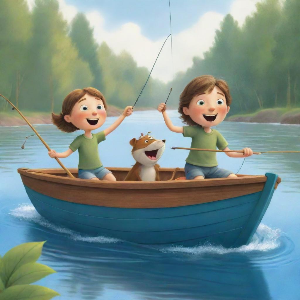 A simply styled, lively cartoon scene for a children's book depicting Finn and Fiona's joy and excitement in their boat when their fishing rod wiggles, signaling a potential catch.