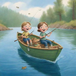 A simply styled, lively cartoon scene for a children's book depicting Finn and Fiona's joy and excitement in their boat when their fishing rod wiggles, signaling a potential catch.