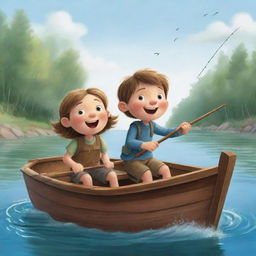 A simply styled, lively cartoon scene for a children's book depicting Finn and Fiona's joy and excitement in their boat when their fishing rod wiggles, signaling a potential catch.