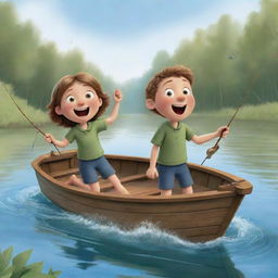 A simply styled, lively cartoon scene for a children's book depicting Finn and Fiona's joy and excitement in their boat when their fishing rod wiggles, signaling a potential catch.