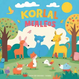 A vibrant and playful children's book cover featuring a colorful and whimsical scene with animals, trees, and a sunny sky