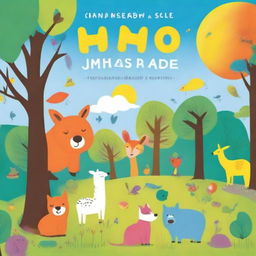 A vibrant and playful children's book cover featuring a colorful and whimsical scene with animals, trees, and a sunny sky