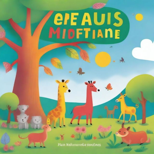 A vibrant and playful children's book cover featuring a colorful and whimsical scene with animals, trees, and a sunny sky