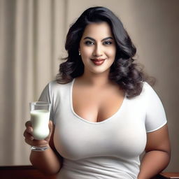 A tasteful and elegant portrait of a voluptuous woman holding a glass of milk