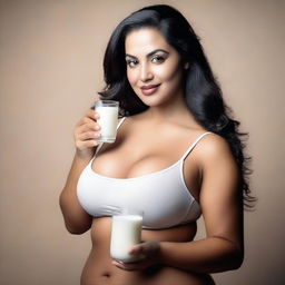 A tasteful and elegant portrait of a voluptuous woman holding a glass of milk