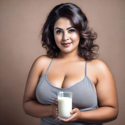 A tasteful and elegant portrait of a voluptuous woman holding a glass of milk