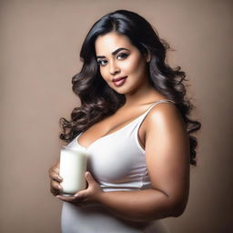 A tasteful and elegant portrait of a voluptuous woman holding a glass of milk