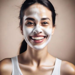 A portrait of a woman with a playful expression, having some milk splashed on her face