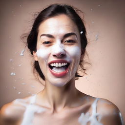 A portrait of a woman with a playful expression, having some milk splashed on her face