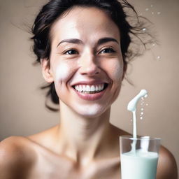 A portrait of a woman with a playful expression, having some milk splashed on her face