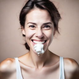 A portrait of a woman with a playful expression, having some milk splashed on her face