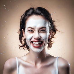 A portrait of a woman with a playful expression, having some milk splashed on her face