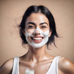 A portrait of a woman with a playful expression, having some milk splashed on her face