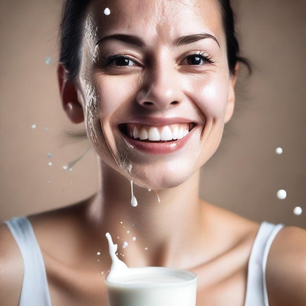 A portrait of a woman with a playful expression, having some milk splashed on her face