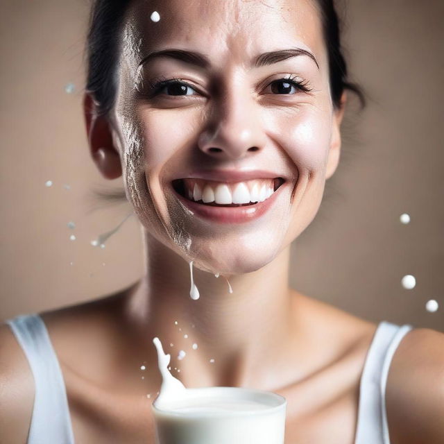 A portrait of a woman with a playful expression, having some milk splashed on her face