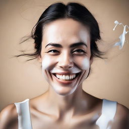 A portrait of a woman with a playful expression, having some milk splashed on her face